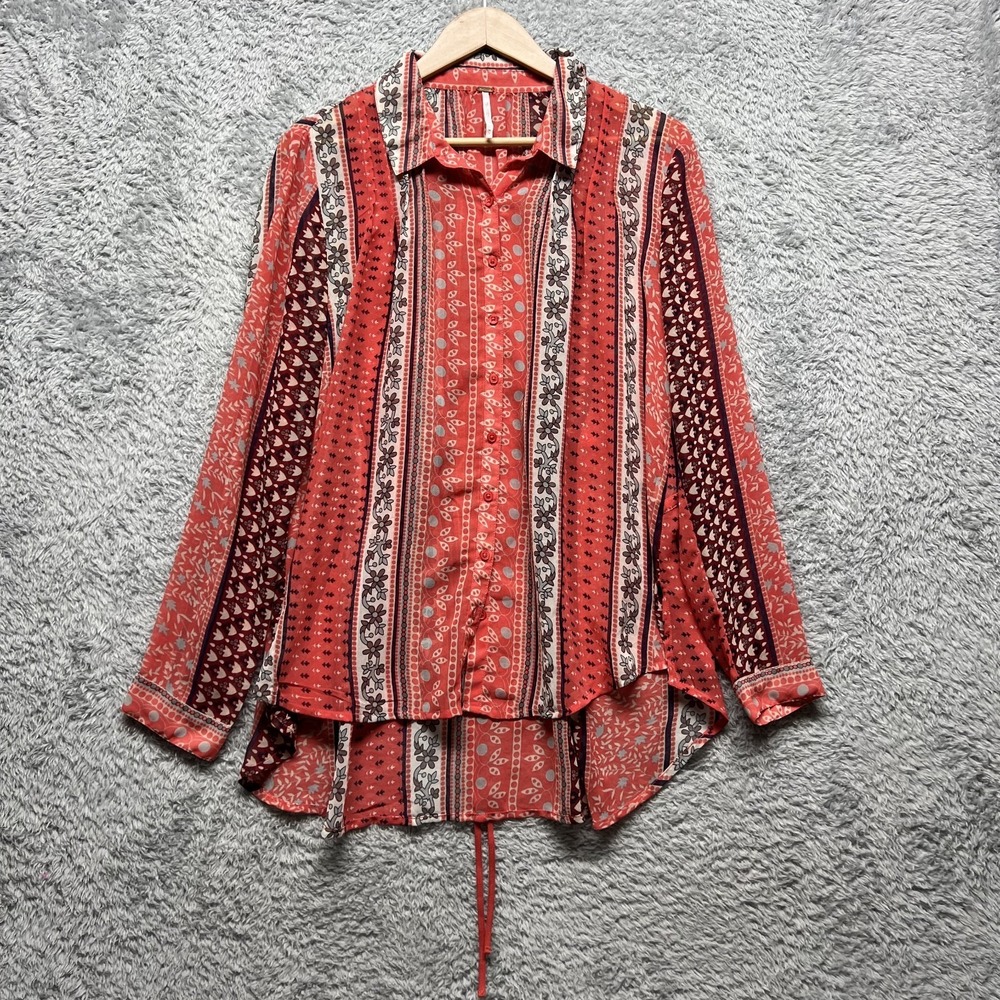 Free People Moonlight Mile Tunic Blouse Womens Medium Red Floral Boho Semi Sheer